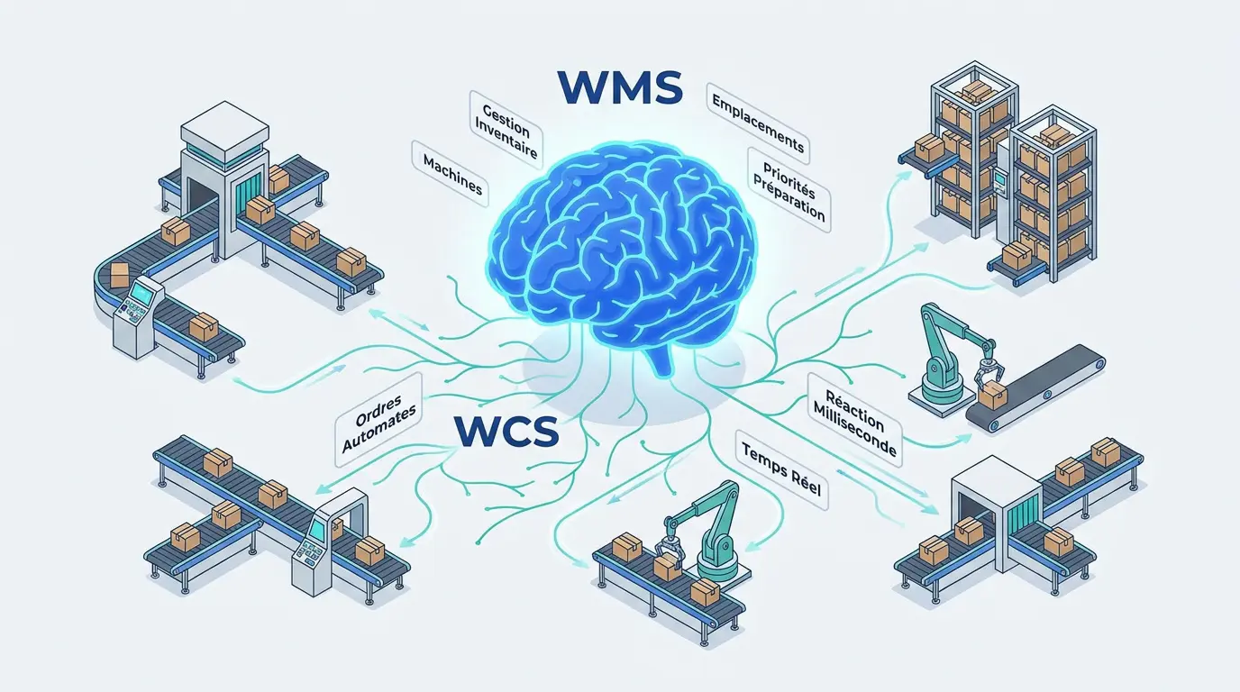 Schéma comparatif entre la gestion stratégique WMS et le pilotage technique WCS en entrepôt
