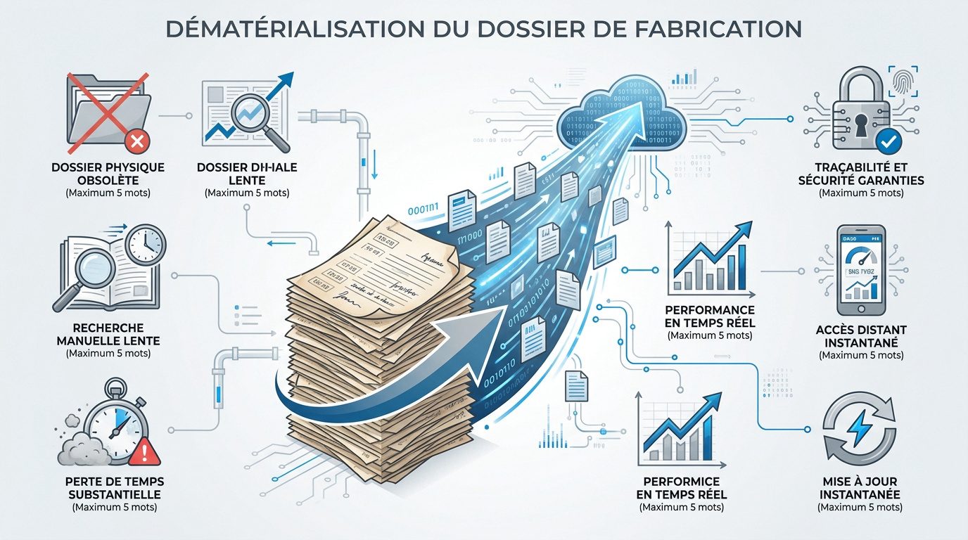 Infographie expliquant les étapes et avantages de la dématérialisation du dossier de fabrication en industrie